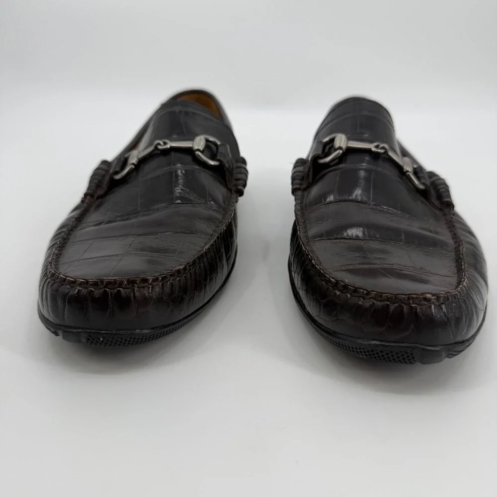 Peter Millar Mens Dark Brown Croc Embossed Leather Bit Loafers 12.5 M 14488